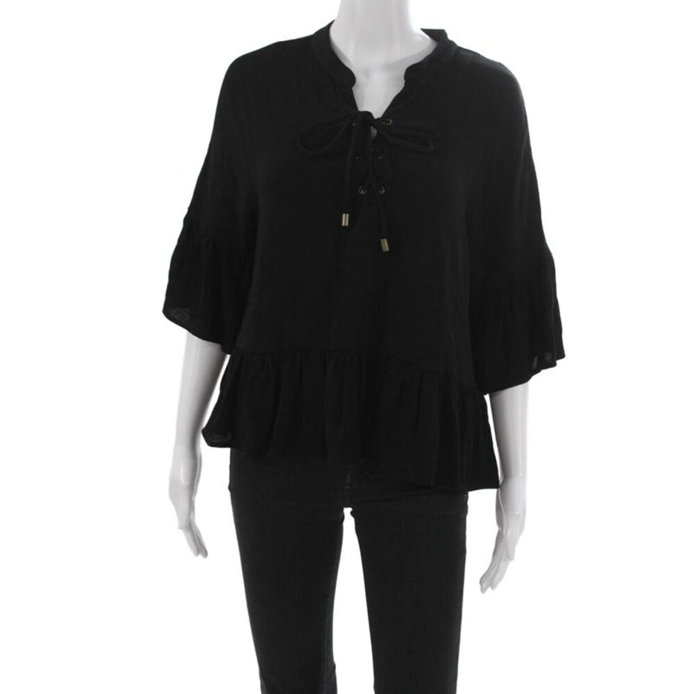Maven West Womens Black Lace Up V-Neck Tunic Blouse 3/4 Sleeve Size M